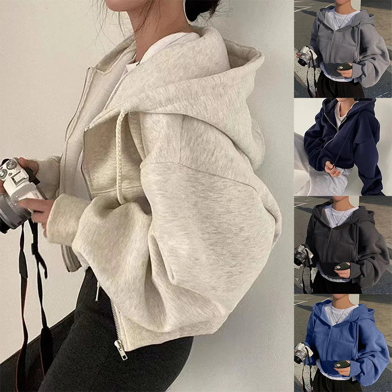 Fleece-Lined Cropped Hooded Sweatshirt for Women