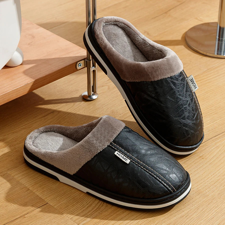 Men's PU Leather Slippers - Waterproof Fur-Lined House Shoes