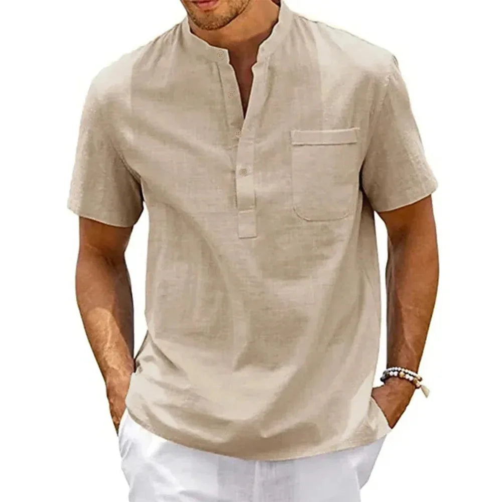 Men's Cotton Linen Henley Shirt - Casual Beach Top