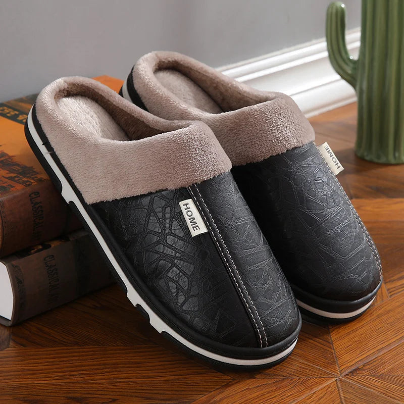 Men's PU Leather Slippers - Waterproof Fur-Lined House Shoes