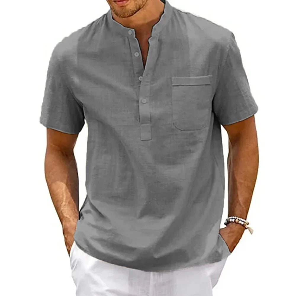 Men's Cotton Linen Henley Shirt - Casual Beach Top