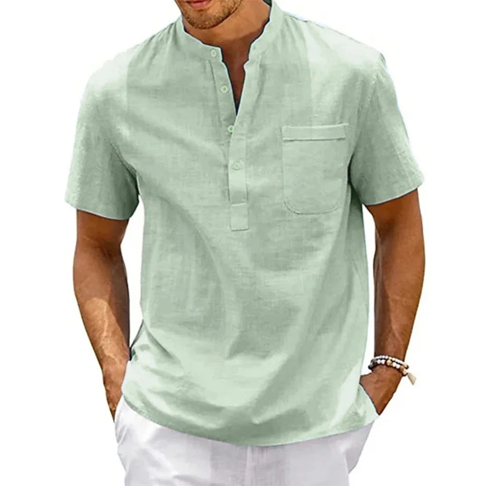 Men's Cotton Linen Henley Shirt - Casual Beach Top