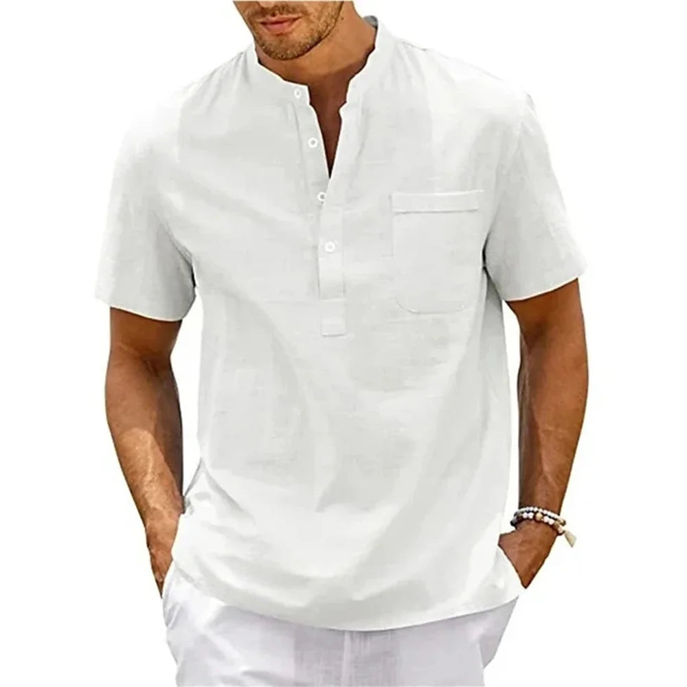 Men's Cotton Linen Henley Shirt - Casual Beach Top
