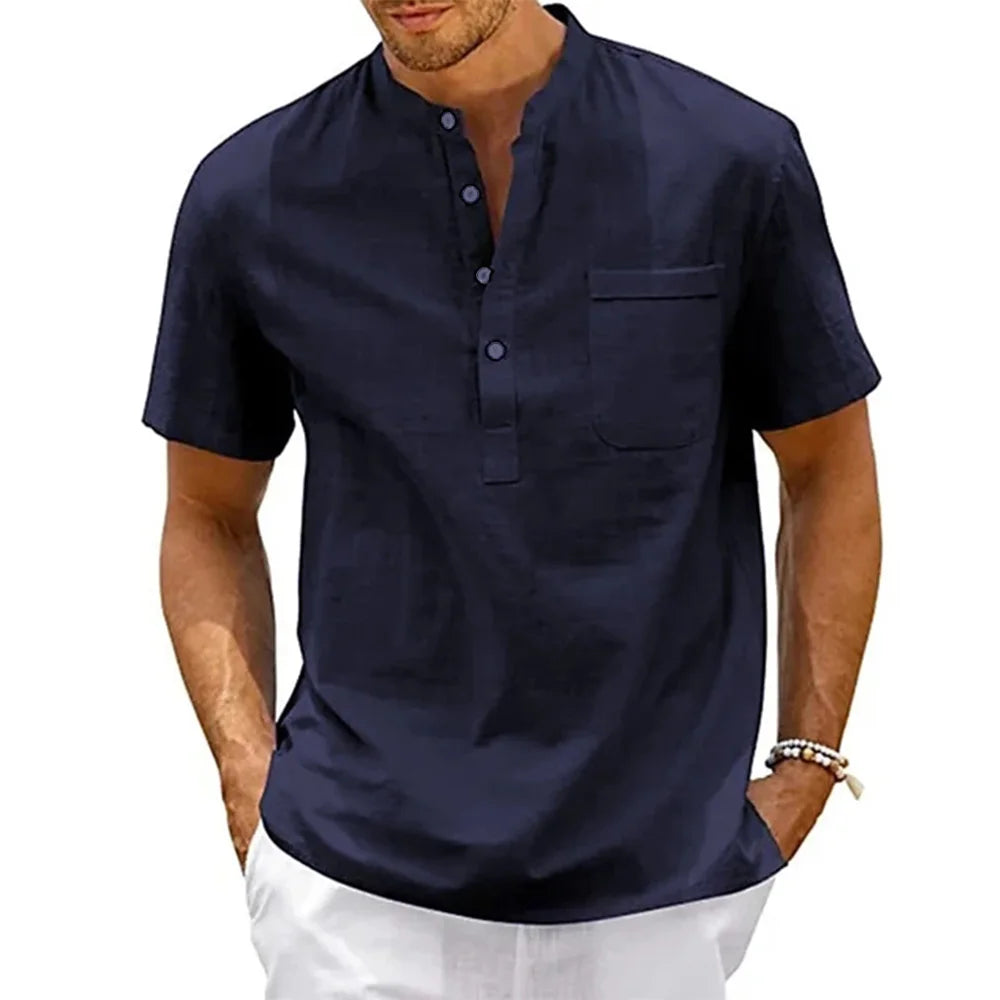 Men's Cotton Linen Henley Shirt - Casual Beach Top