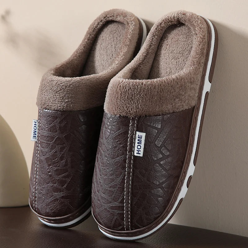 Men's PU Leather Slippers - Waterproof Fur-Lined House Shoes