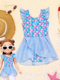 Girls ruffle mermaid one-piece swimsuit, front view