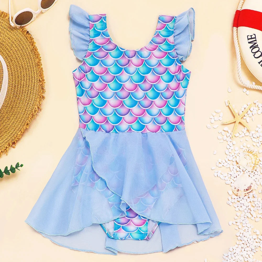Mermaid print and ruffle detail on girls swimsuit