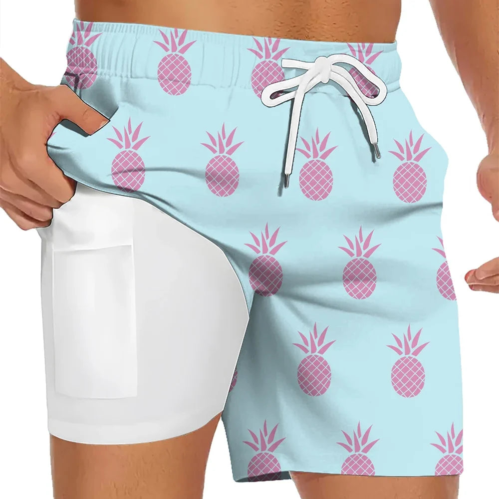 Man wearing compression-lined beach shorts at the pool