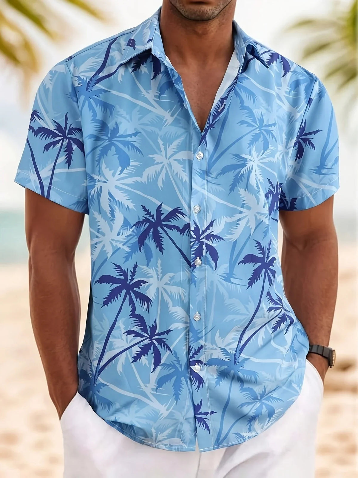 Man wearing the tropical Hawaiian shirt on the beach