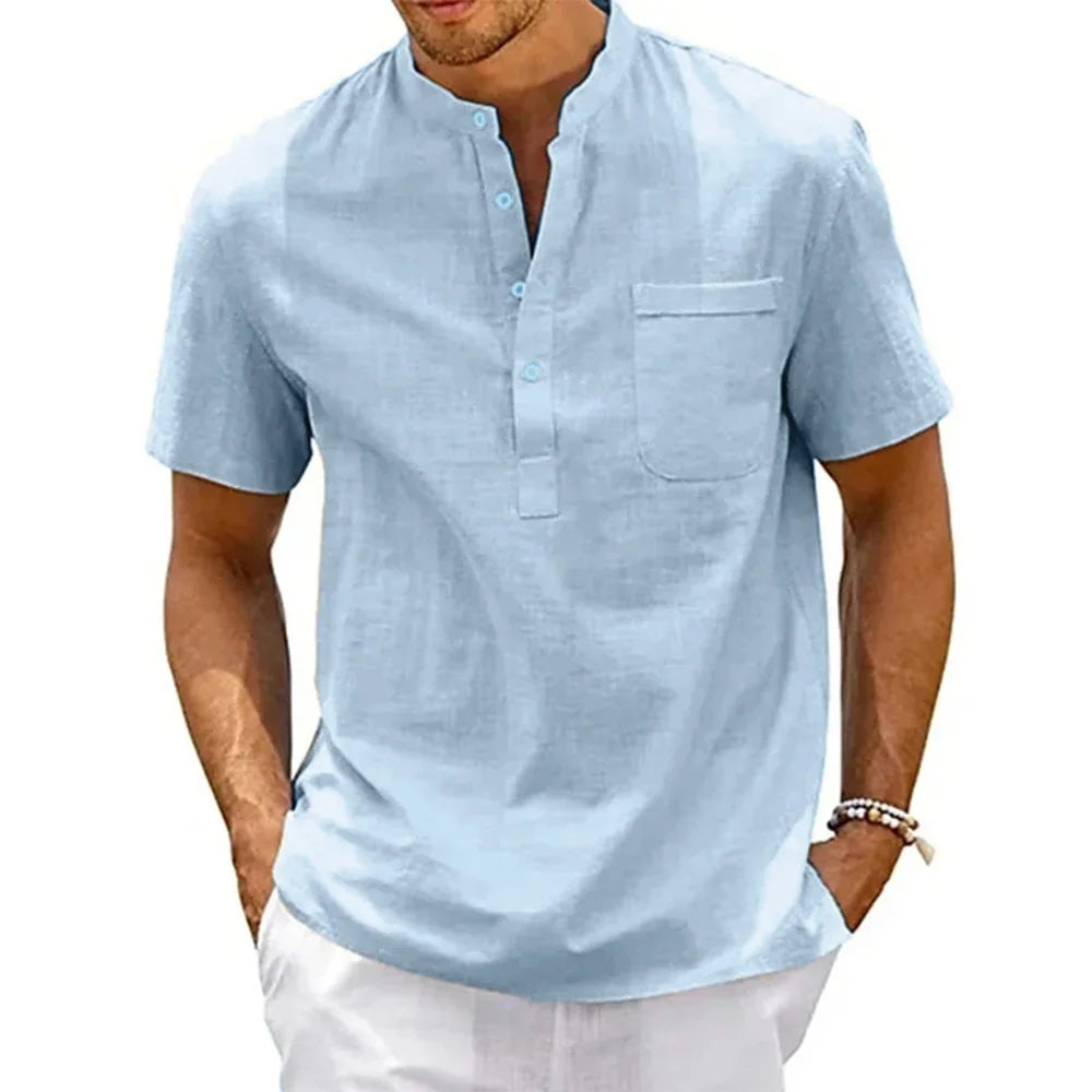 Men's Cotton Linen Henley Shirt - Casual Beach Top