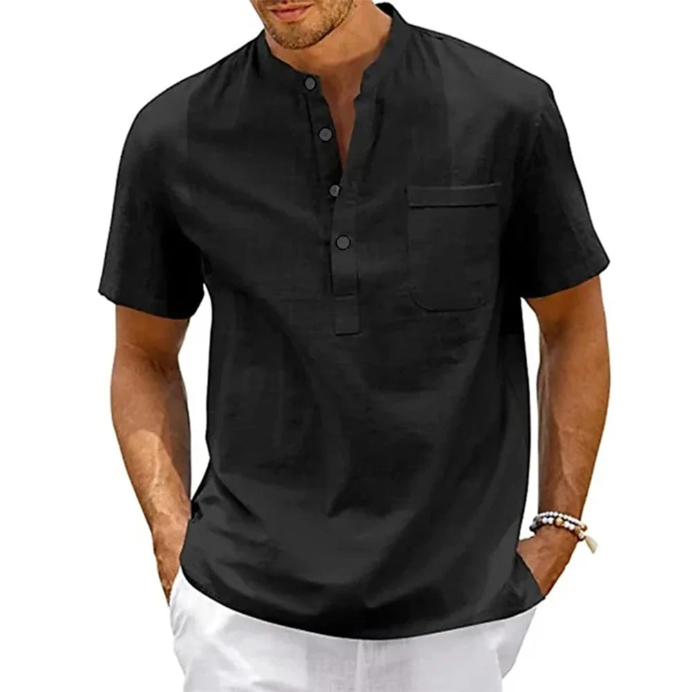 Men's Cotton Linen Henley Shirt - Casual Beach Top