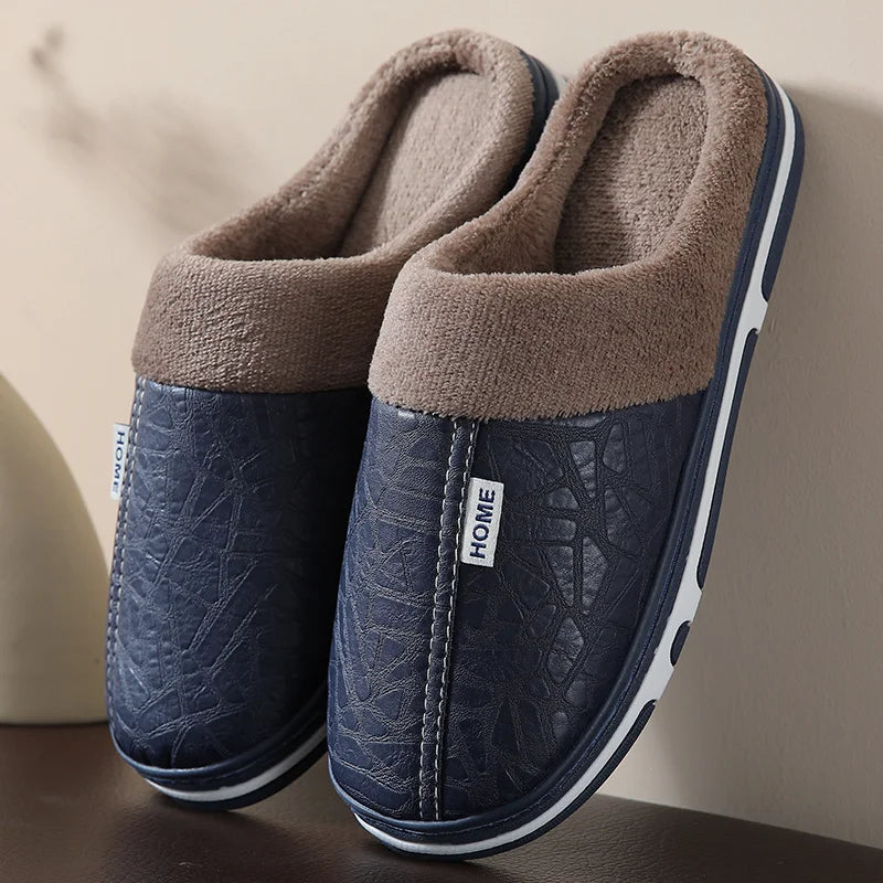 Men's PU Leather Slippers - Waterproof Fur-Lined House Shoes